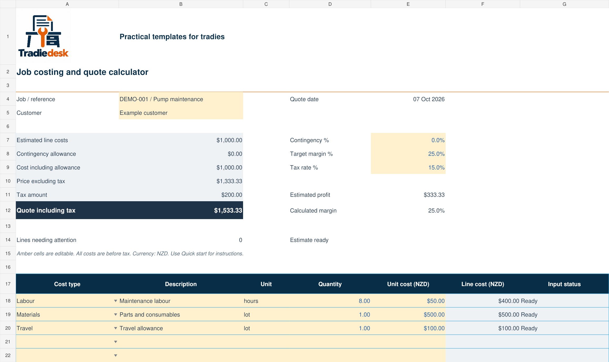 Preview of the Tradiedesk Job Costing and Quote Calculator workbook